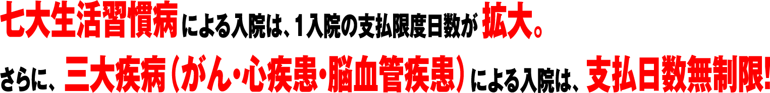 七大生活習慣病による入院は、1入院の支払限度日数が拡大！さらに、三大疾病（がん・心疾患・脳血管疾患）による入院は、支払日数無制限！